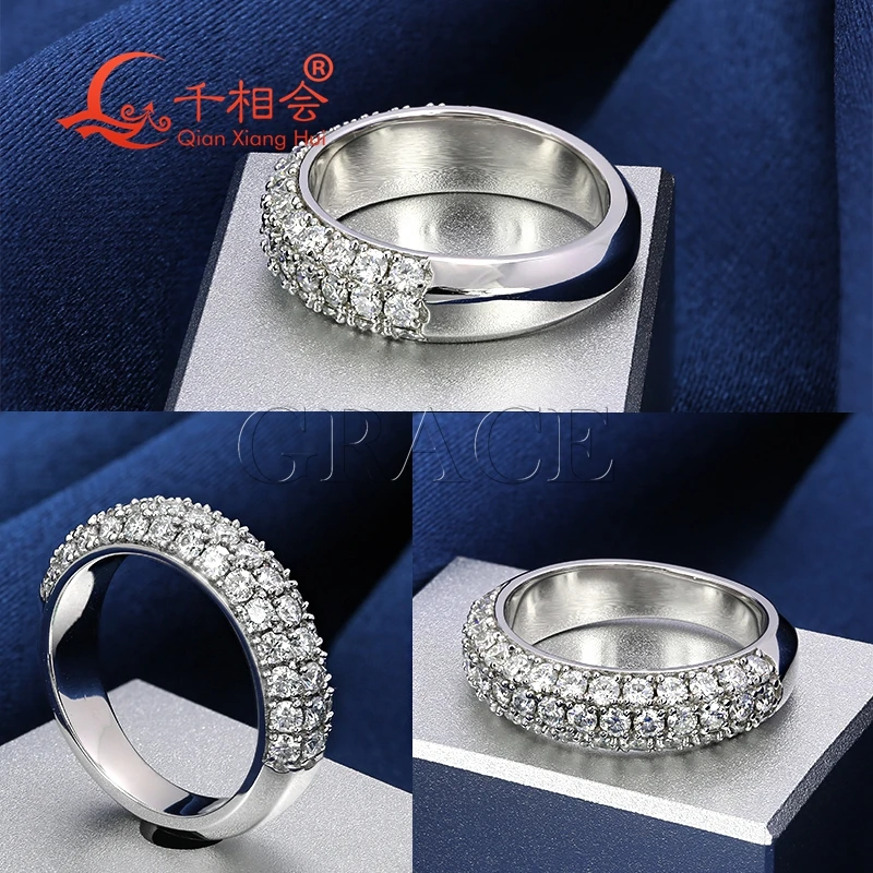 Three row thick  Ring  925 Sterling Silver D white Color VVS Round Moissanite Diamond for jewelry making wedding