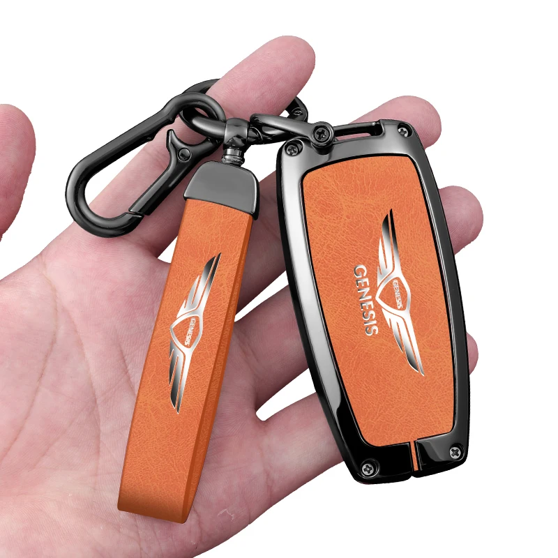 Leather Car Key Case Full Cover Protection Shell Keychain Accessories For Hyundai Genesis G80 GV70 GV80 GV90 2019 2020 2021 2022