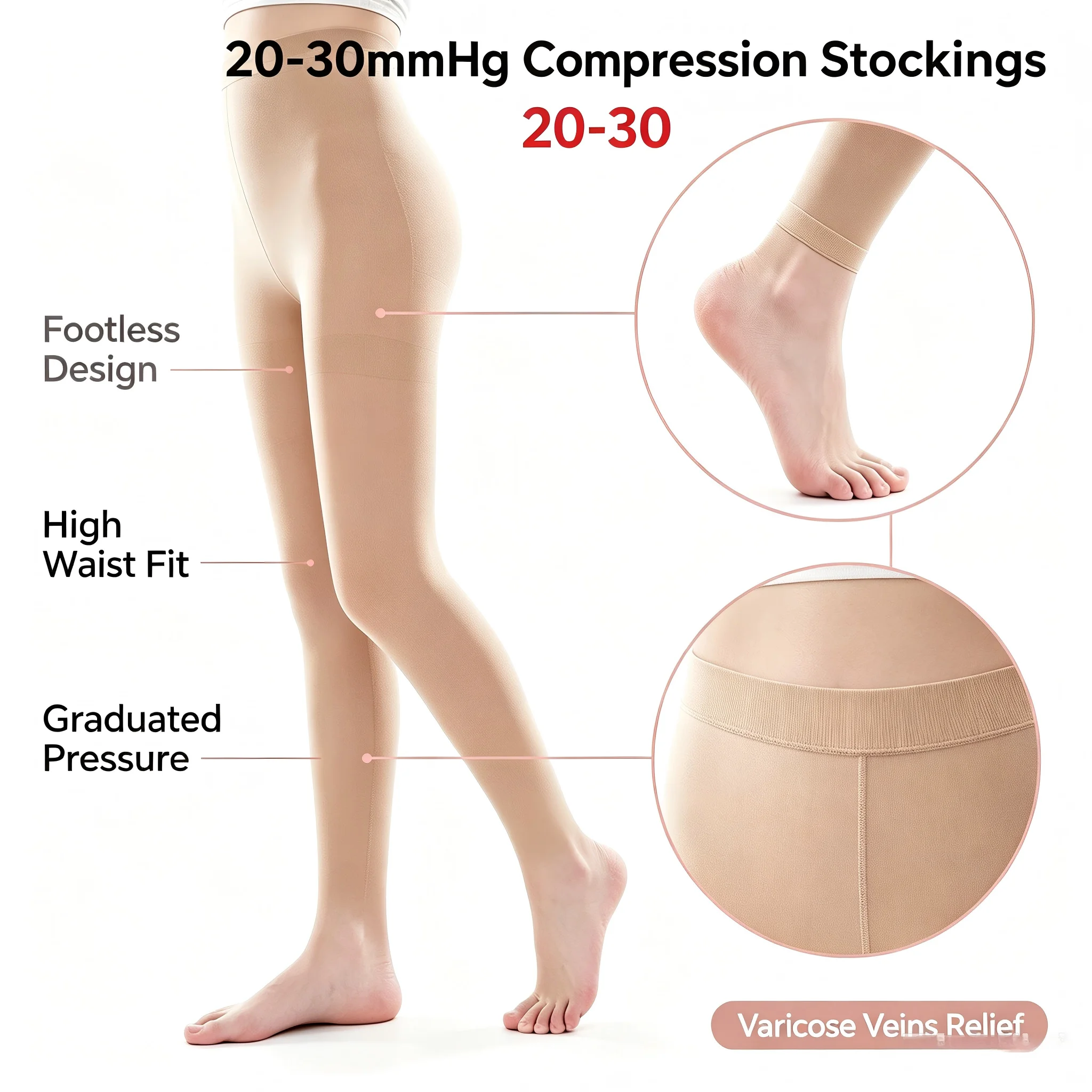 Women 20-30mmHg Footless Thigh High Medical Compression Pantyhose Graduated Support Stockings Relief Varicose Veins Edema