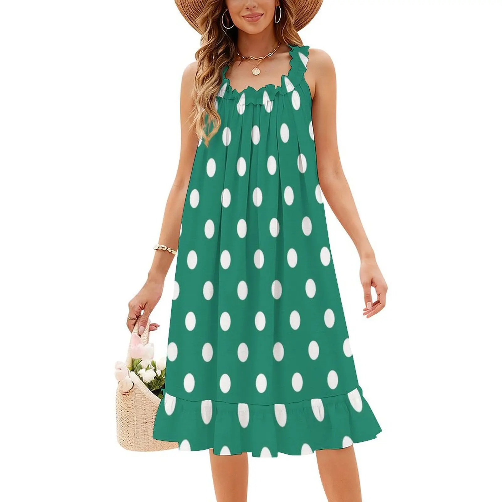 Grote witte op elf groene stippen Boho chique jurk elegante mode strand bruiloft jurk grote stippen grote stippen