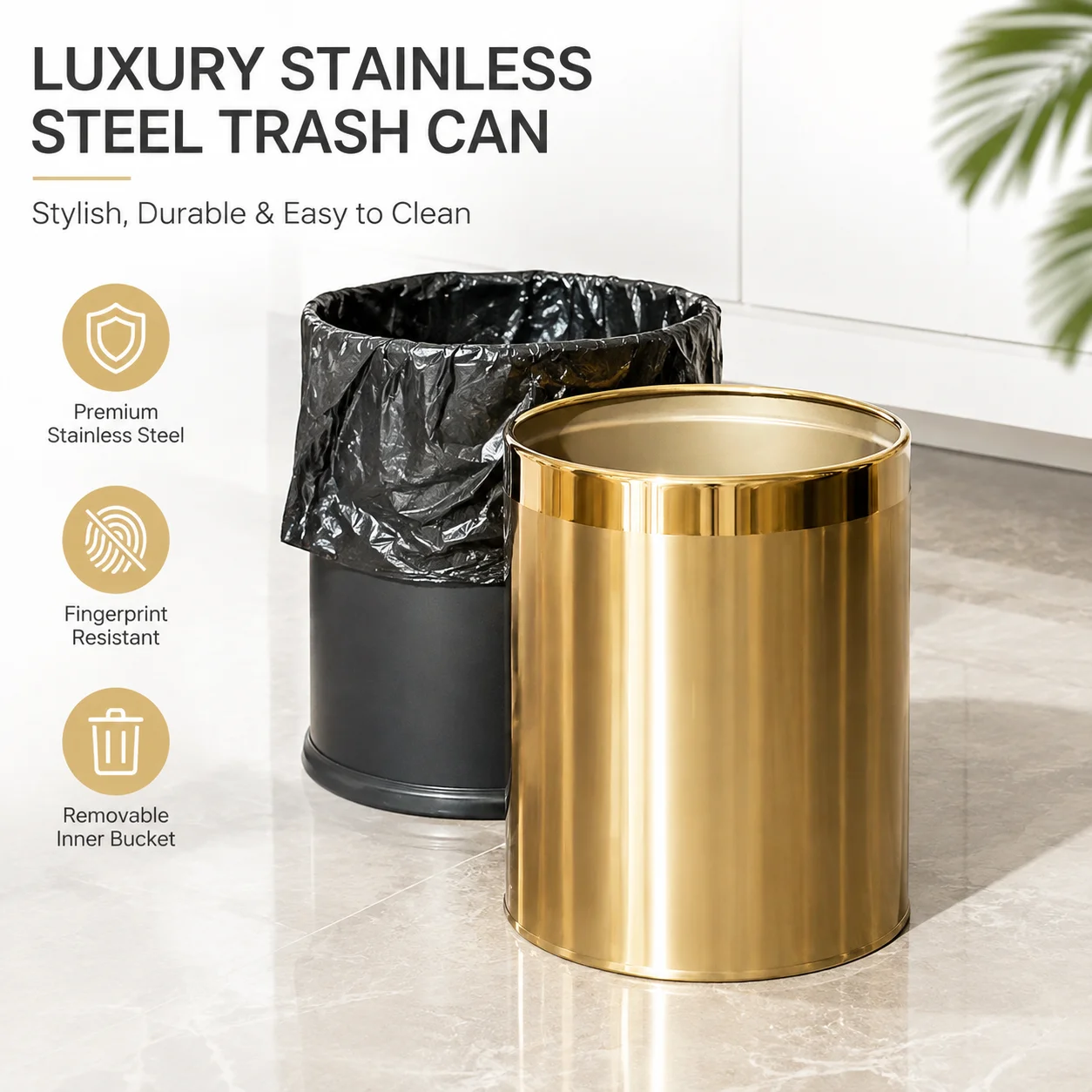 Modern Odor-Proof Golden Dustbin – Stainless Steel Trash Can for Kitchen, Bathroom & Living Room