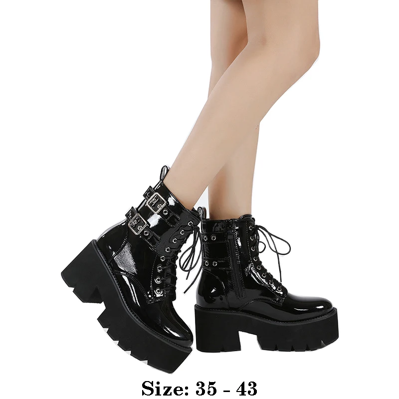 

High quality short ankle patent leather boots for women 7.5cm high heel platform new 2025 autumn winter 35 43 fashion shoe black