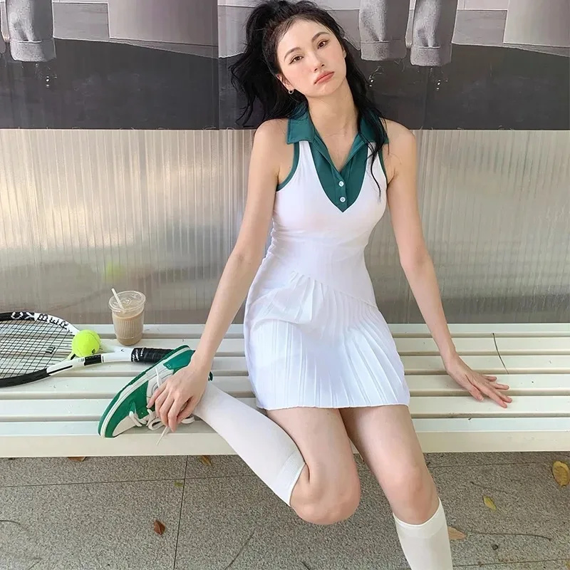 Tennis Dress Women with Shorts V Neck Polo Pleated Badminton Outfit Gym Outdoor  Sport Active Wear Sleeveless Sportswear 2024