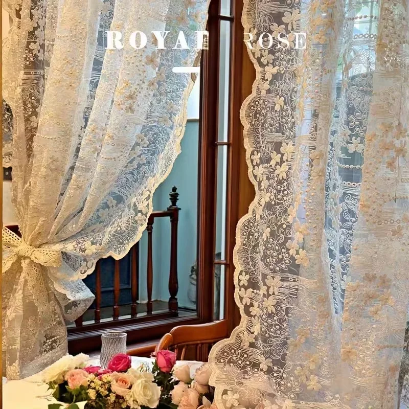 Floral Lace Curtain for Bedroom Retro Embroidered Curtain for Kitchen Vintage Lace Sheer Curtains for Living Room Rod Pocket