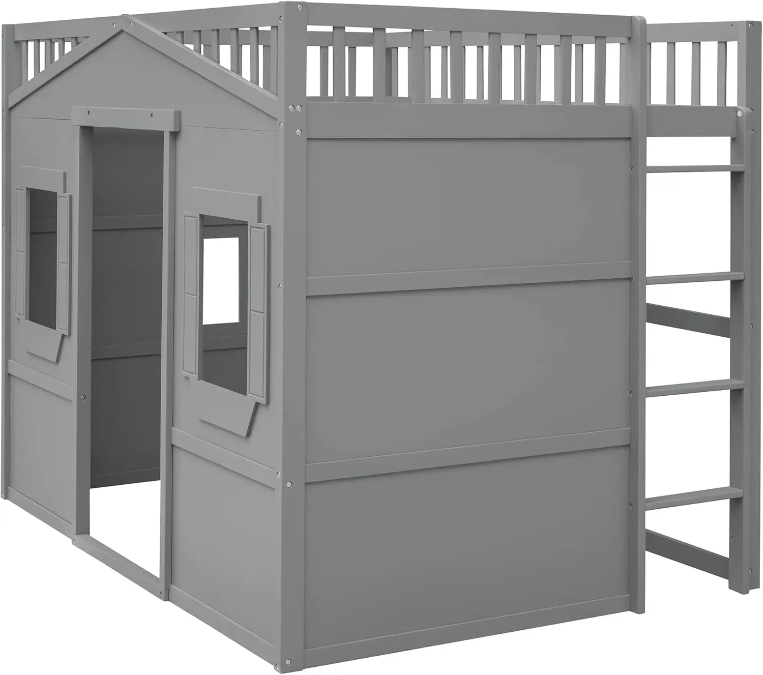 Curry & Bright Design Full Size Loft Playhouse Bed para crianças, cama de madeira com portas e janelas, House Design