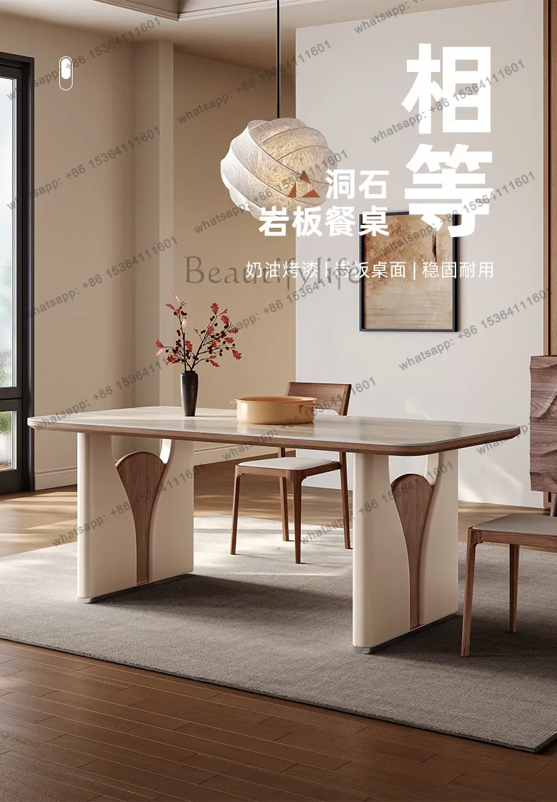 Slate dining table, living room, household modern simple French cream style small apartment restaurant, high-grade travertine