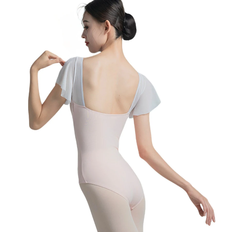 女性用伸縮性のあるバレエダンスレオタード半袖スクエアネックボディスーツプロの体操衣装トレーニング-ショー用