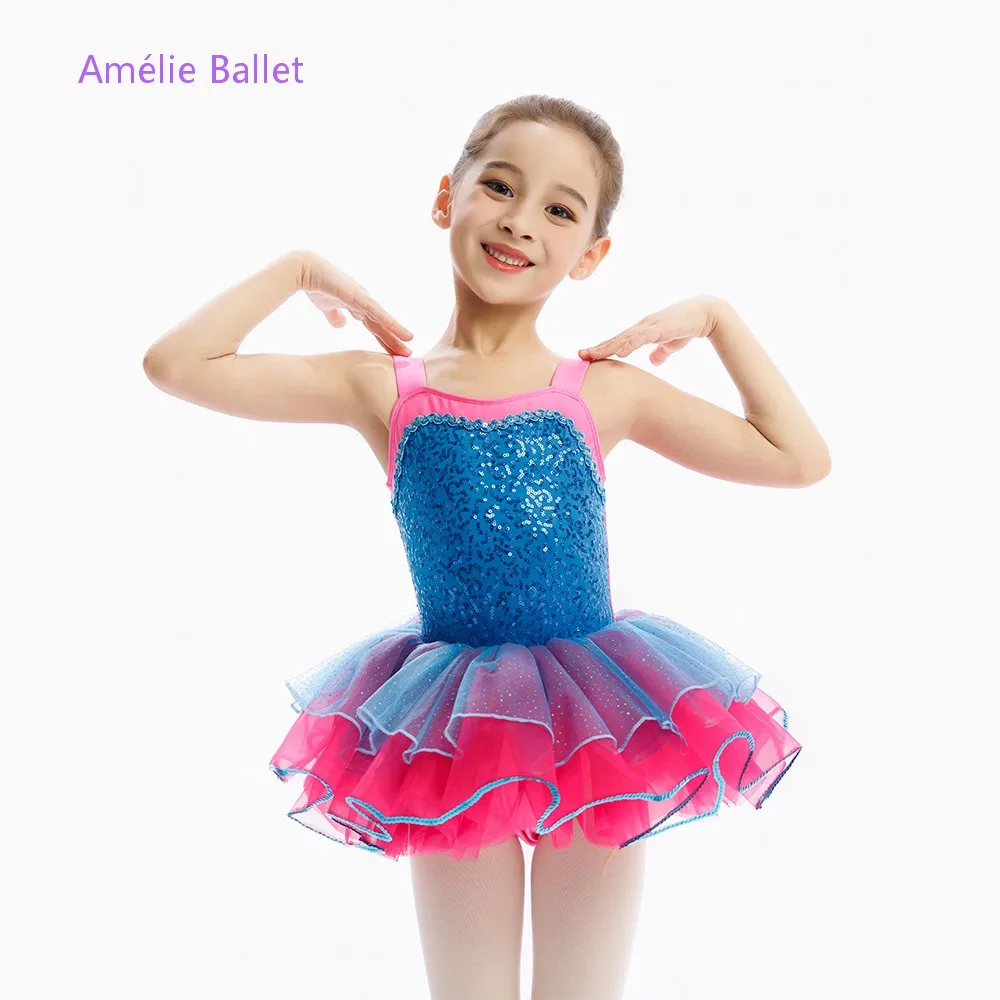 

Новые балетные костюмы C26027: синий с пайетками и ярко-розовым лифом, балетный туту-костюм для детей, для сценических выступлений, танцевальный костюм, одежда для танцев