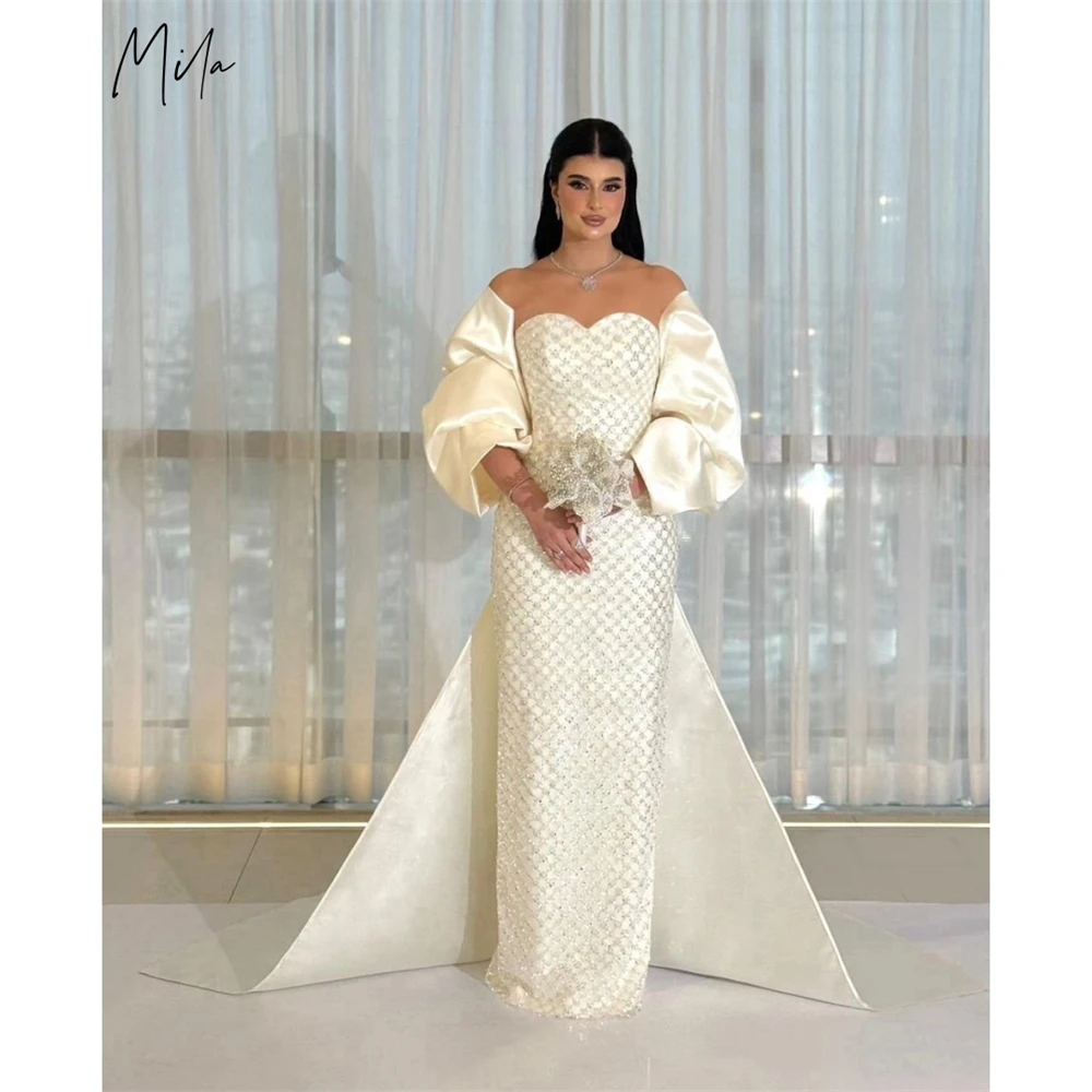 Vestido de Fiesta Formal de Noche Largo con Lentejuelas y Lazo de Sirena Color Marfil Personalizado Mila, Estilo Lingge