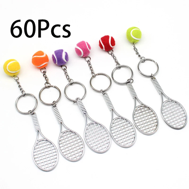 60Pcs Tennis Ball And Racket Model Keychain Mini Novelty Handbag Car Sport Lover