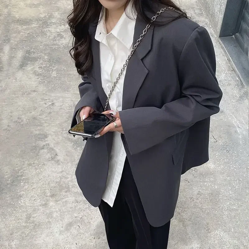Korean Style Gray Blazer for Women Spring Autumn Long Sleeve Loose Suit Coat Woman Single Breasted Chic Jackert Female
