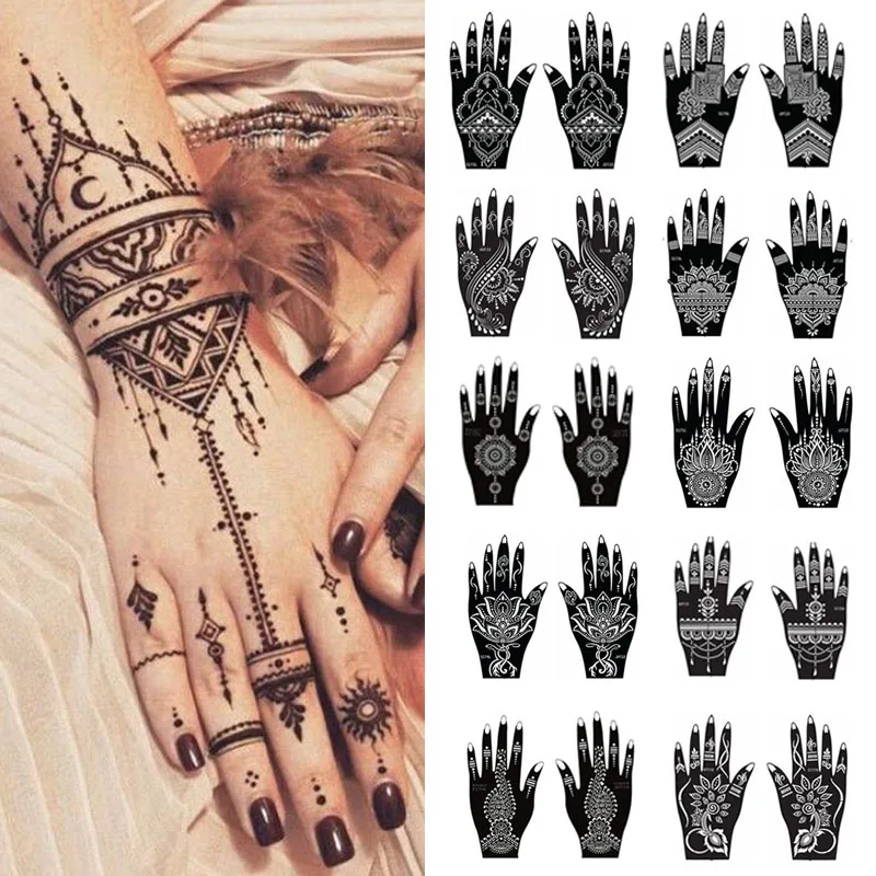 

1 Pair Professional Henna Stencil Temporary Hand Tattoo Body Art Sticker Indian Glitter Airbrush Tattoo Templates for Wedding