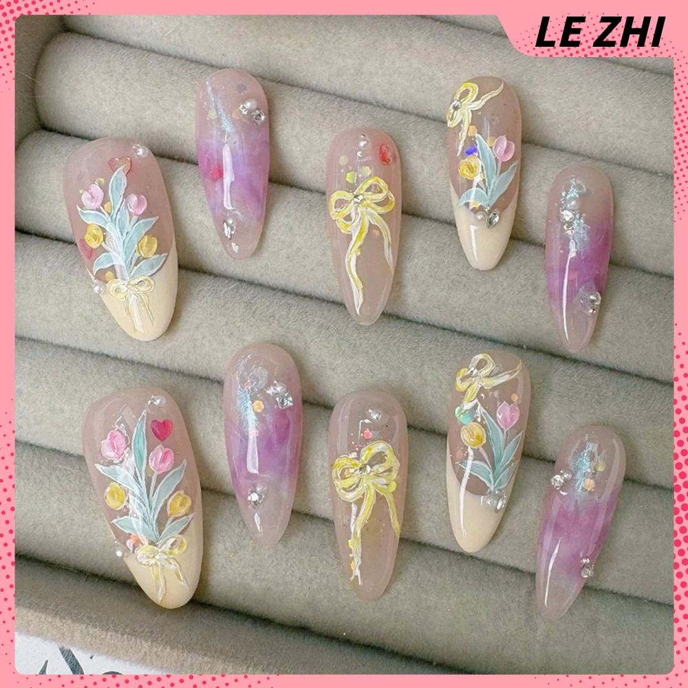 High Quality Stars Moon Hand-Drawn Long Coffin Handmade Nail Party Stickers Diamond Pearl Flowers Bowknot Detachable Fake Nails