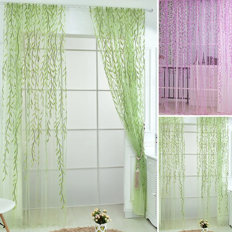 Green Willow Leaves Curtain Print Design, Sheer Pattern, Voile Panel, Drape Room Window Curtains, Home Textiles, 2 Panels