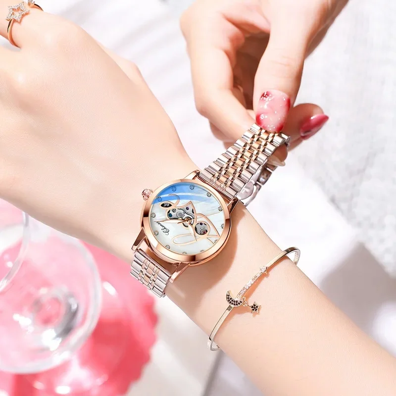 New Fashion Women Automatic Mechanical Watch Hollow Dial Luminous Waterproof Solid Steel Band Female Daily Wristwatch