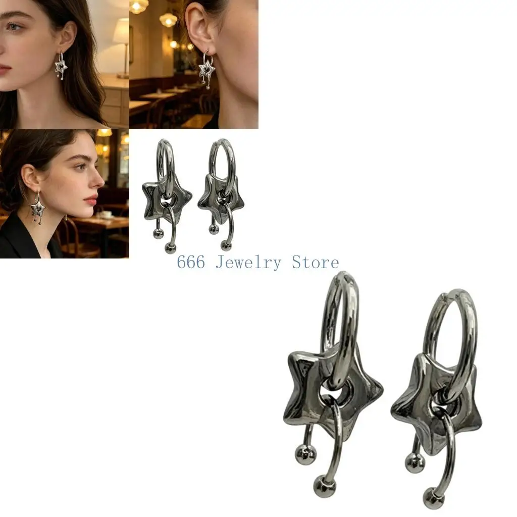 F2TD Puffed Star Charm Dangle Earrings Pair with 3cm Drop for Party