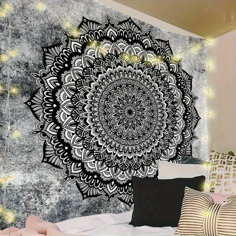1pc Tapiz de Pared Compatible para Colgar en el Techo - Colgante de Pared con Patrón de Mandala en Tela Beige Claro, Horizontal
