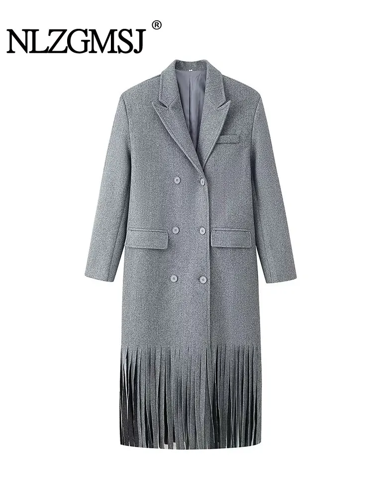 NLZGMSJ Casual Vintage Chic Solide Frauen Quaste Dekoration Mantel V-ausschnitt Übergroßen Lange Jacken 2025, Herbst Winter Dicke Mäntel