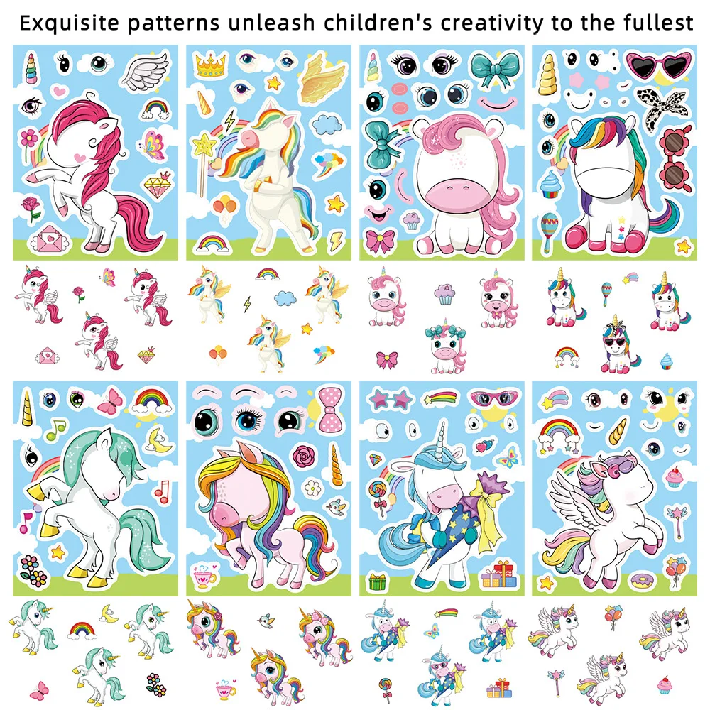 

8/16Sheets Rainbow Unicorn Puzzle Stickers Make a Face Cartoon Decals Toys Kids DIY Jigsaw Assemble Games Party Decoration Gifts
