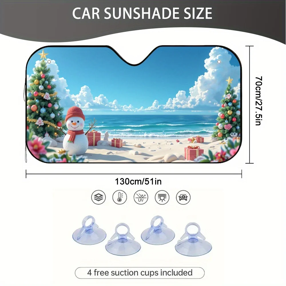 Tropical Christmas Snowman 2D Flat Print Sunshade Polyester Front Windshield Protector with Santa Hat & Gift Box Design