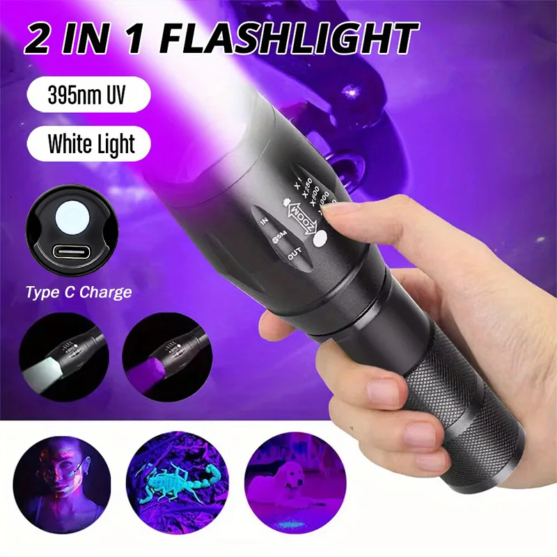 2 In 1 Ultraviolet Flashlight Purple White Dual Light Zoomable Torch Built in Battery Recharge Scorpion Hunting UV Flashlights