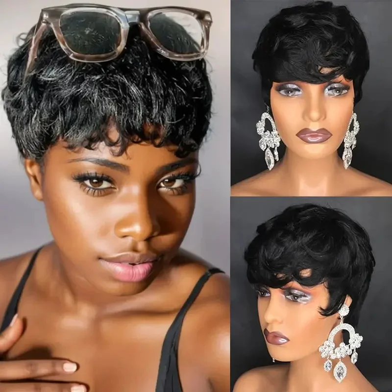 ショート人毛ショートピクシーカットボブウィッグブラック 150% 密度機械製