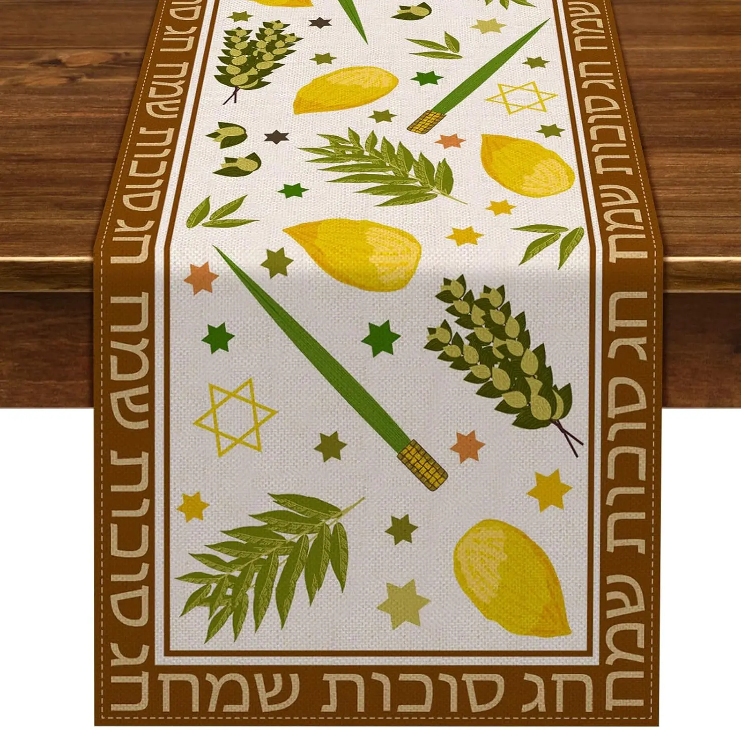 Sukkot Linen Table Runner Jewish Holiday  Party Decor Reusable Sukkah Etrog Lulav Kitchen Dining Table Runner Sukkot Decorations