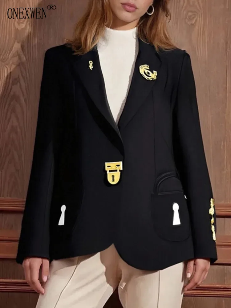 ONEXWEN Elegant Black Blazer For Women With Lock And Key Details And Gold Adornments Stylish And Unique Outerwear ZM4108