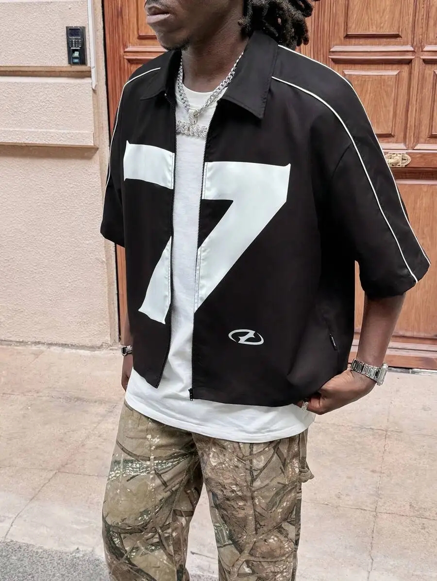 

Men's Short Sleeve Zip-Front Shirt with Bold Graphic Print, Loose Fit Streetwear Style