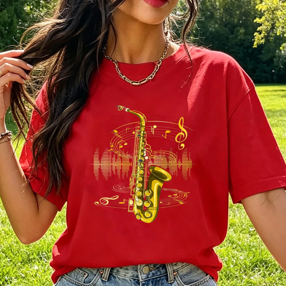 Music Sheet Music Saxophonist Clef Jazz Musician Saxophone Tshirt Golden Jazz Instrument Print Tee Musician Aesthetic Daily Tops