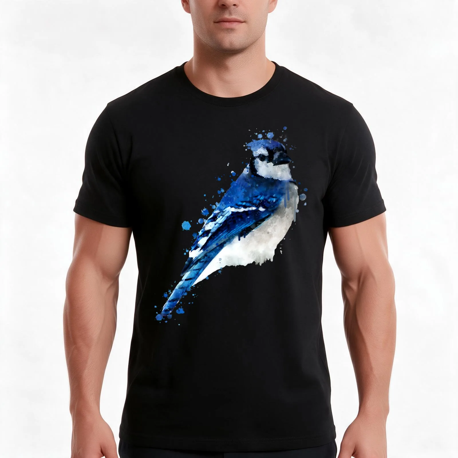 Dramabite Watercolor blue jay bird T-Shirt, Summer Casual Cotton Tee, Oversized Streetwear Tops, Vintage Graphic Print