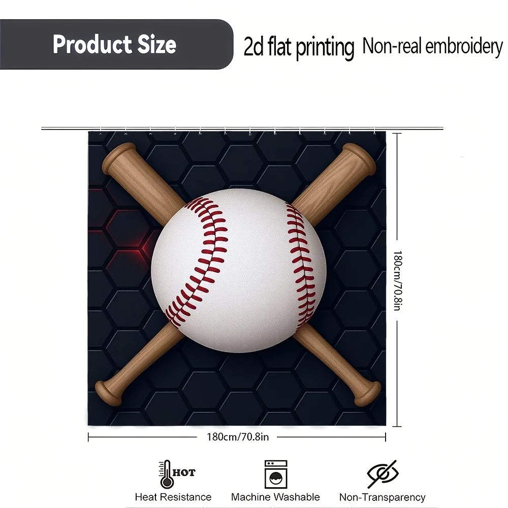 Baseball Sports Shower Curtain 180x180cm Bathroom Wall Decor Athletic Theme Print Geometric Design