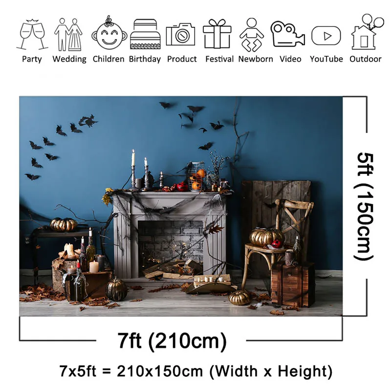 Mocsicka Halloween Photography Backdrop Fireplace Pumpkin Bat Decoration Background Kids Adults Portrait Photoshoot studio props
