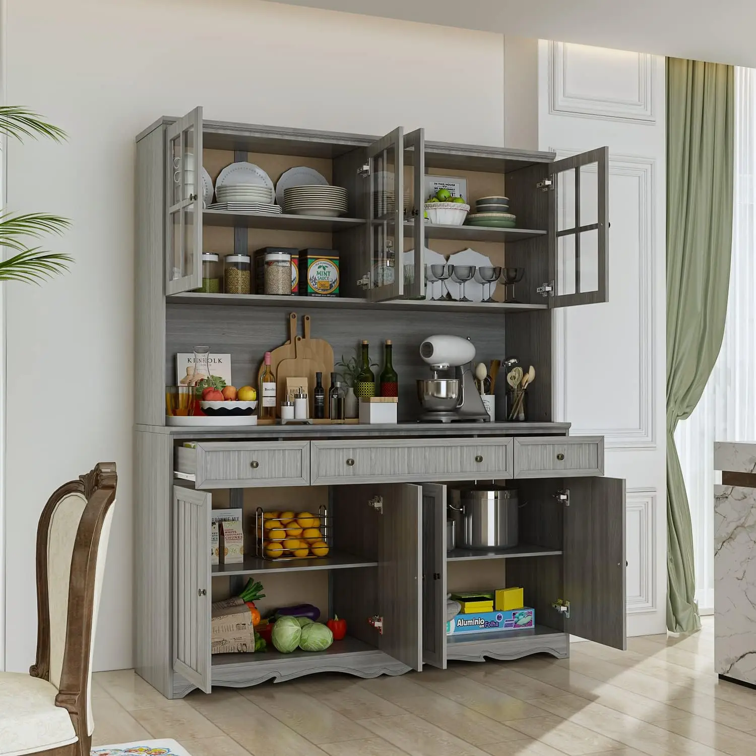 Hitow 75.9"" Kitchen Pantry Cabinet With Glass Doors & Hutch, Large Wood Storage Cabinet With 8 Shelves & 3 Drawers, Rustic