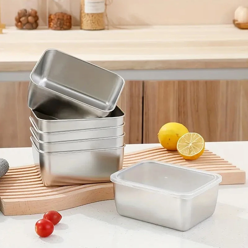 1PCStainless Steel Refrigerator Food Storage Box With Plastic Lid Prepare Food Freshness Preservation Box Picnic Box