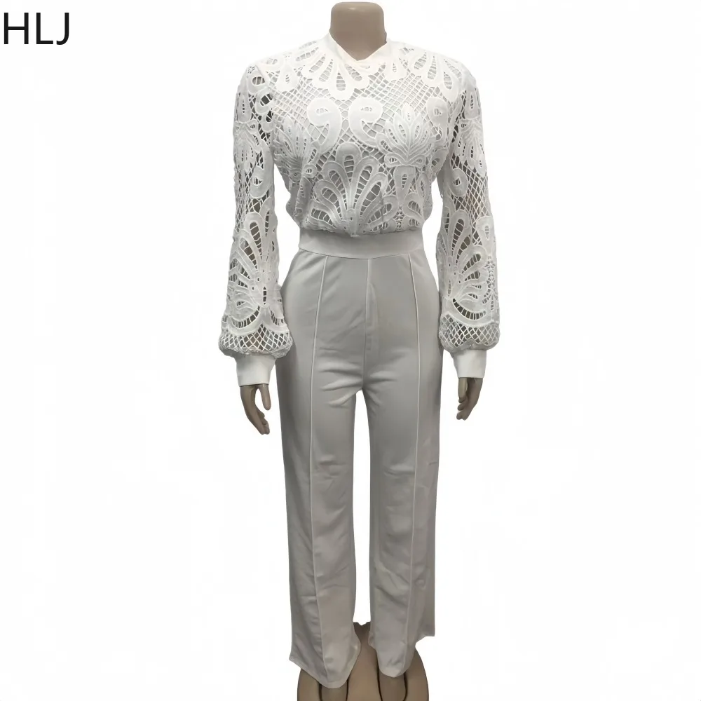 HLJ Sexy Personalized Line Lace Bodycon Jumpsuits for Woman Hollow-out See Through Rompers Female Streetwear Overalls 2025 New