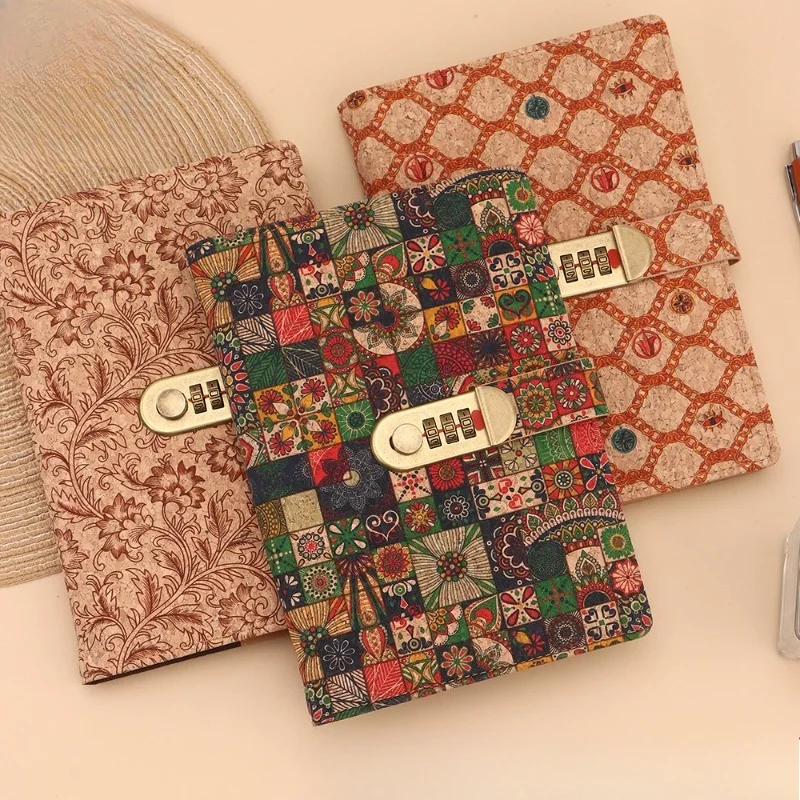 A5 Wood Grain Pattern Lockable Password Notebook Portable Hand Journal Notepad Privacy Diary Stationery