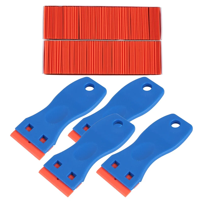 AAAC-4 Pcs Plastic Razor Blade Scraper And 200 Pcs Blades, Remove Label Decal Tool For Stickers, Gaskets And Paints On Window