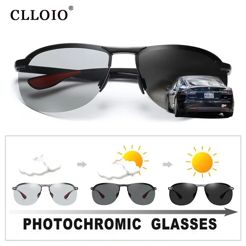 CLLOIO Top Brand Design Aluminum Rimless Photochromic Sunglasses Men Polarized Driving Sun Glasses Anti-Glare Chameleon Eywear