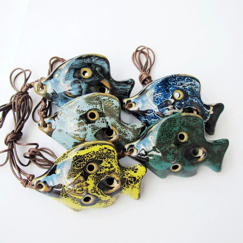 6 Hole Ceramic Mini Ocarina Ceramic Crafts Musical Instruments Ceramic Colored Glazed Fish With Rope For Beginners plaything
