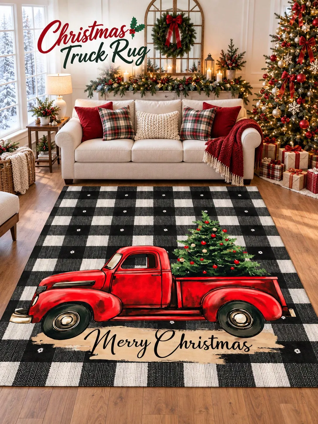 Christmas Rug Pickup Truck Tree Checks Living Room Bedroom Lounge Hallway Floor Carpet Gift for Mom Dad Sisters Friends Winter Thanksgiving Birthday Anniversary Housewarming Apartment Cottage Home Styling Sofa Side Reading Nook Holiday Gathering