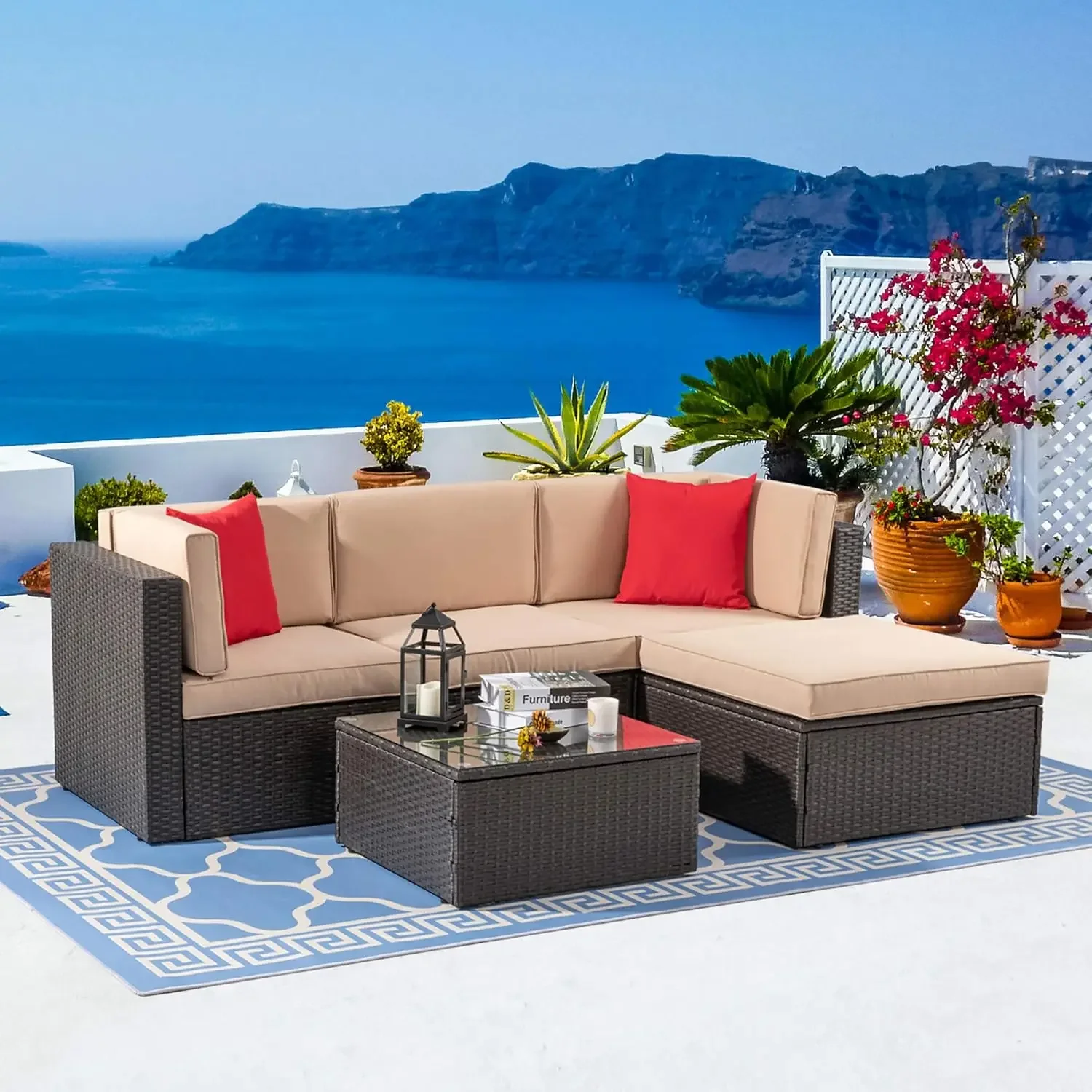 5 Piece Patio Furniture Sets, All-Weather Brown PE Wicker Outdoor Couch Sectional Set, Garden/Patio w/Ottoman,Red Pillow, Beige