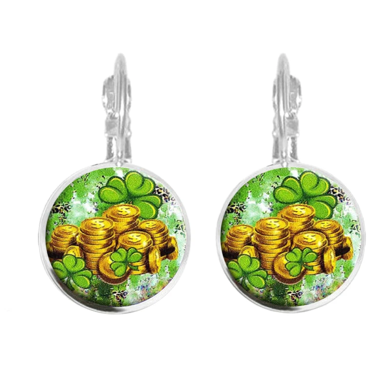 Lucky Clover Dollar Coin Earrings Round Glass Dome Earrings For Women St. Patrick‘s Day Jewelry