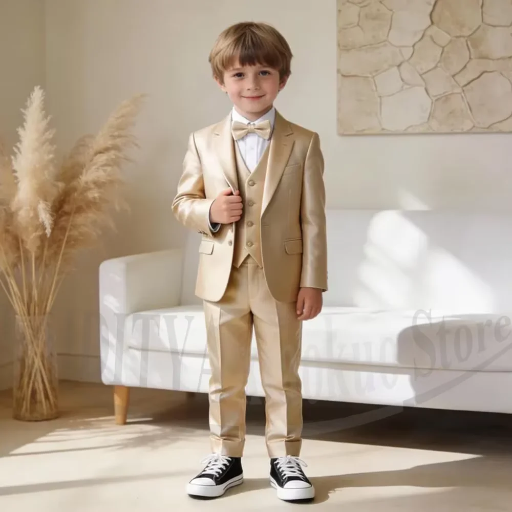 Glossy Gold Satin Boys Three Piece Suit Single Breasted Kids Evening Wedding Page Boy Birthday Party Prom Studio Formal Outfit