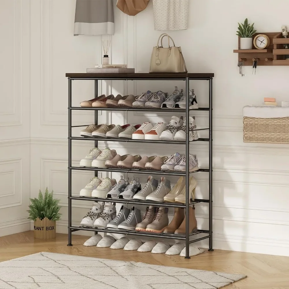 

MOSHOU Shoe Rack Organizer 6 Tier for Closet Entryway Free Standing Metal Storage Shoes Shelf with MDF Top Board Black