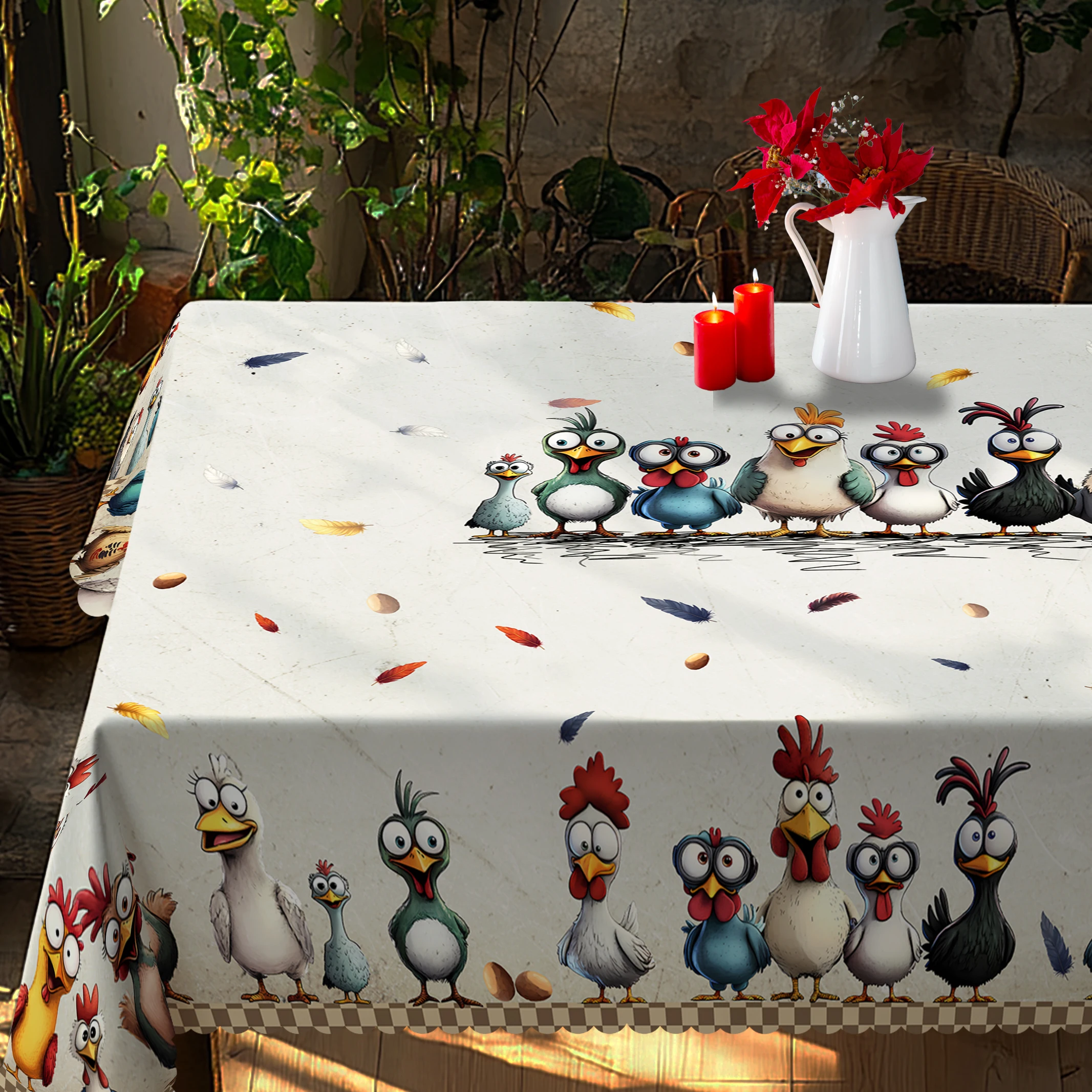 Cute Crazy Chicken Polyester Tablecloth, Featuring Various Adorable Chicken Patterns in Different Colors, Colorful Feathers, Egg Prints, Embossed Edges, Waterproof, Wrinkle-Resistant, Fade-Resistant, Suitable for Rectangular and Round Dining Tables, Home Kitchens, Living Room Dining Tables, Balcony Coffee Tables, Holiday Party Table Decorations, Outdoor Picnic Decorations, Coffee Table Decorations, Table Covers, Perfect Gift Printing-56