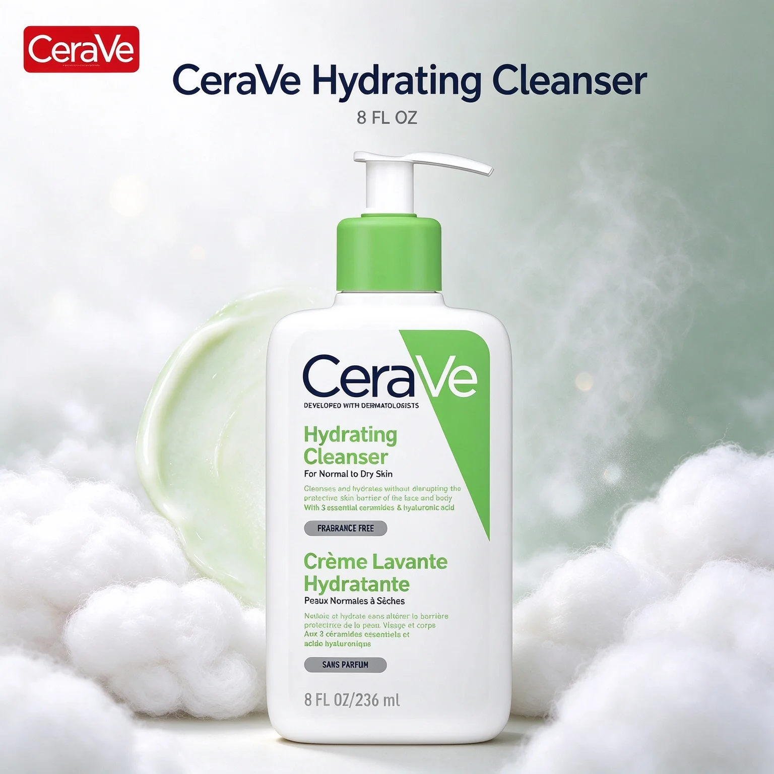 CeraVe Fragrance Free Hydrating Cleanser, For Normal to Dry Skin Crème Lavante Hydratante 8 FL OZ (236ml)