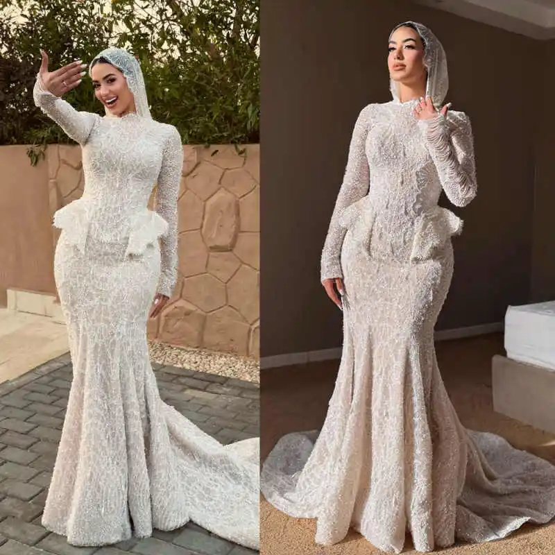 Exquisite Mermaid Wedding Dress Long Sleeve High Collar Applique Sequins Pearl Bridal Gown Prom Customized Vestido De Novia