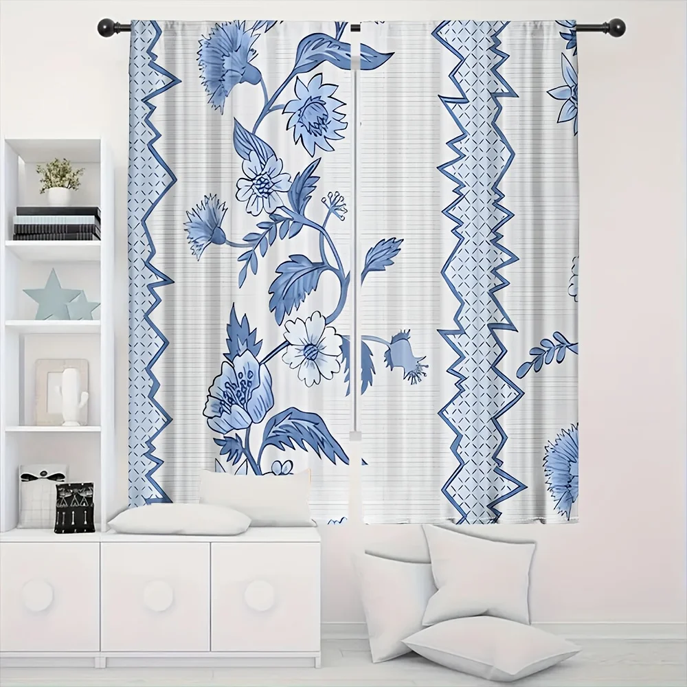 2PC Blue White Floral Print Curtains Cottage Style Boho Watercolor Window Drapes Curtain Panels for Living Room Bedroom Home Dec