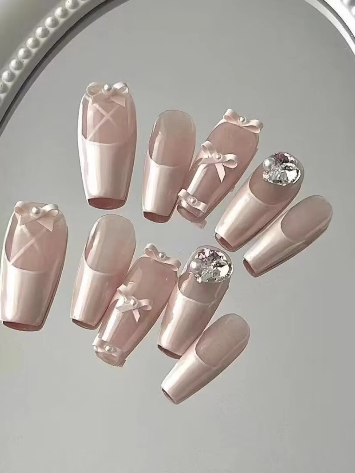 【Sweet and cool】Ballet style bow French nail art piece handmade nail wear high-quality nail art wearable